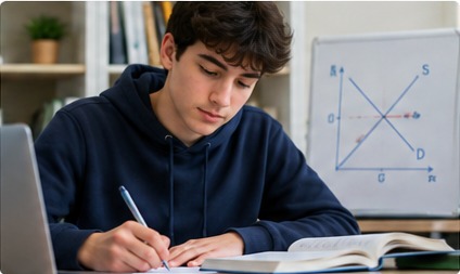 High school student working on an economics graph